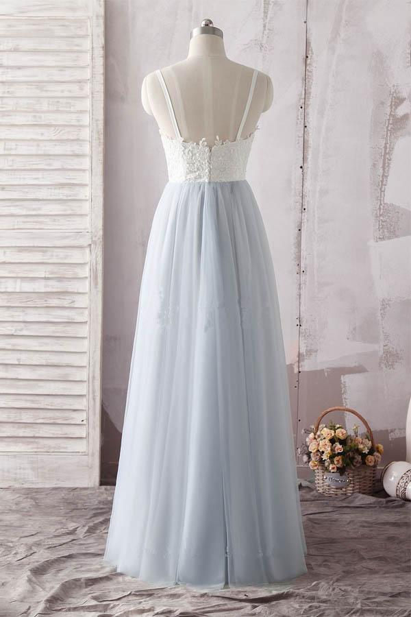 Simple Spaghetti Straps Sweetheart Lace Blue Tulle Prom Dress