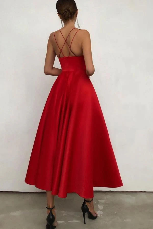 Simple V Neck Satin Tea Length Prom Dresses Evening Dresses