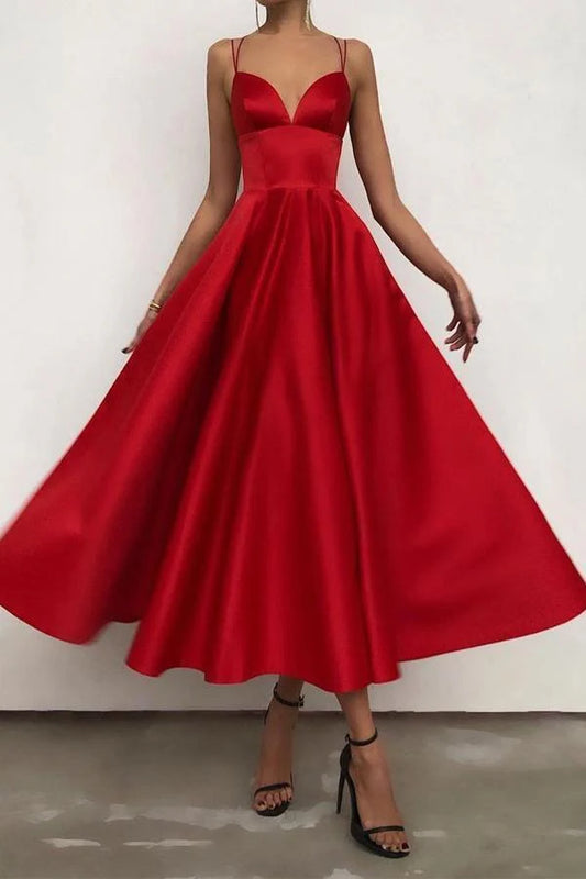 Simple V Neck Satin Tea Length Prom Dresses Evening Dresses