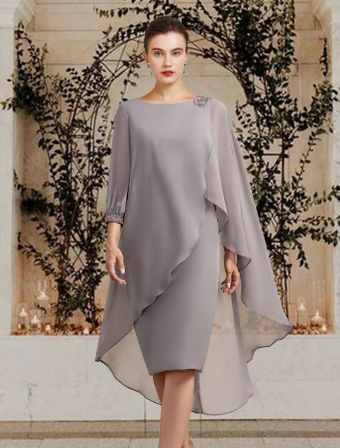 Sheath / Column Mother of the Bride Dress Elegant Jewel Neck Floor Length Chiffon 3/4 Length Sleeve with Beading Sequin