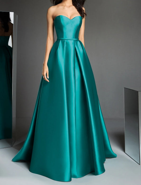 A-Line Prom Dresses Elegant Dress Christmas Wedding Guest Sweep / Brush Train Sleeveless Strapless Satin with Draping