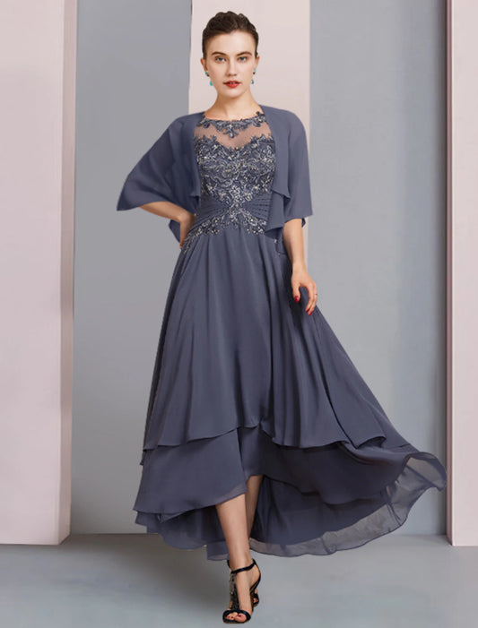 Two Piece A-Line Mother of the Bride Dress Formal Wedding Guest Elegant Scoop Neck Asymmetrical Tea Length Chiffon Lace Short Sleeve Wrap Included with Beading Appliques