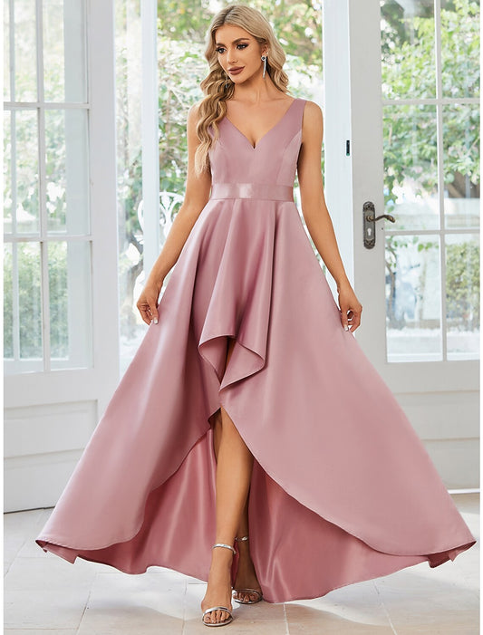 A-Line Wedding Guest Dresses Casual Dress Party Wear Wedding Party Asymmetrical Sleeveless V Neck Satin with Ruffles Pure Color