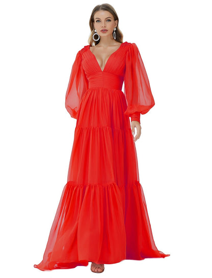 A-Line Evening Gown Sexy Dress Party Wear Sweep / Brush Train Long Sleeve V Neck Chiffon with Ruched