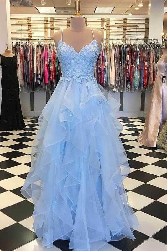 A-line Ruffle Prom Dresses Spaghetti Strap Prom Dress