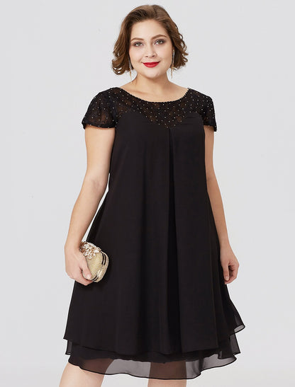 Sheath / Column Mother of the Bride Dress Formal Little Black Dress Plus Size See Through Jewel Neck Knee Length Chiffon Lace Short Sleeve No with Pleats Beading Lace Insert