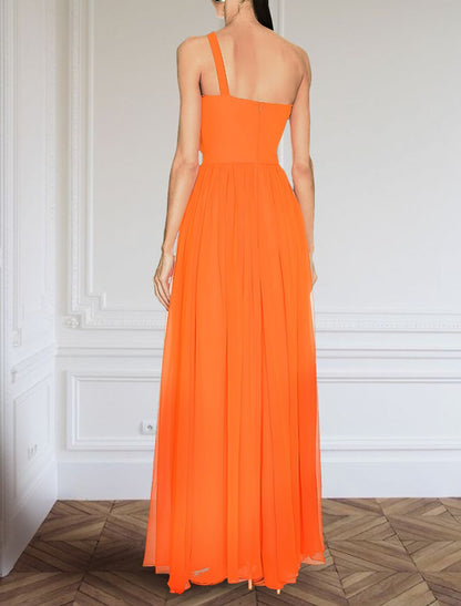 A-Line Evening Gown Elegant Dress Formal Floor Length Sleeveless One Shoulder Chiffon with Ruched Slit