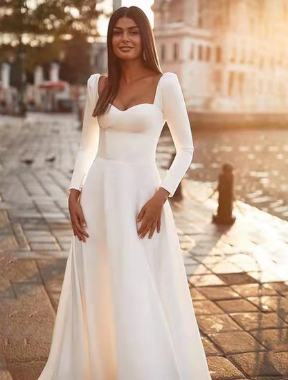 Reception Royal Style Casual Wedding Dresses A-Line Sweetheart Long Sleeve Sweep / Brush Train Satin Bridal Gowns With