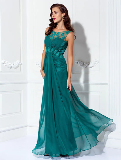 Sheath / Column Elegant Dress Prom Formal Evening Floor Length Sleeveless Illusion Neck Chiffon with Draping Appliques