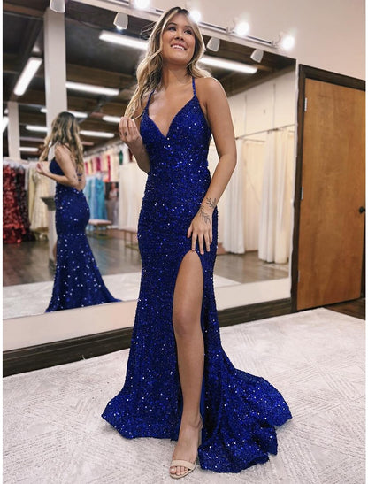 Mermaid / Trumpet Prom Dresses Sparkle & Shine Dress Formal Wedding Guest Sweep / Brush Train Sleeveless V Neck Sequined Backless with Sequin Slit