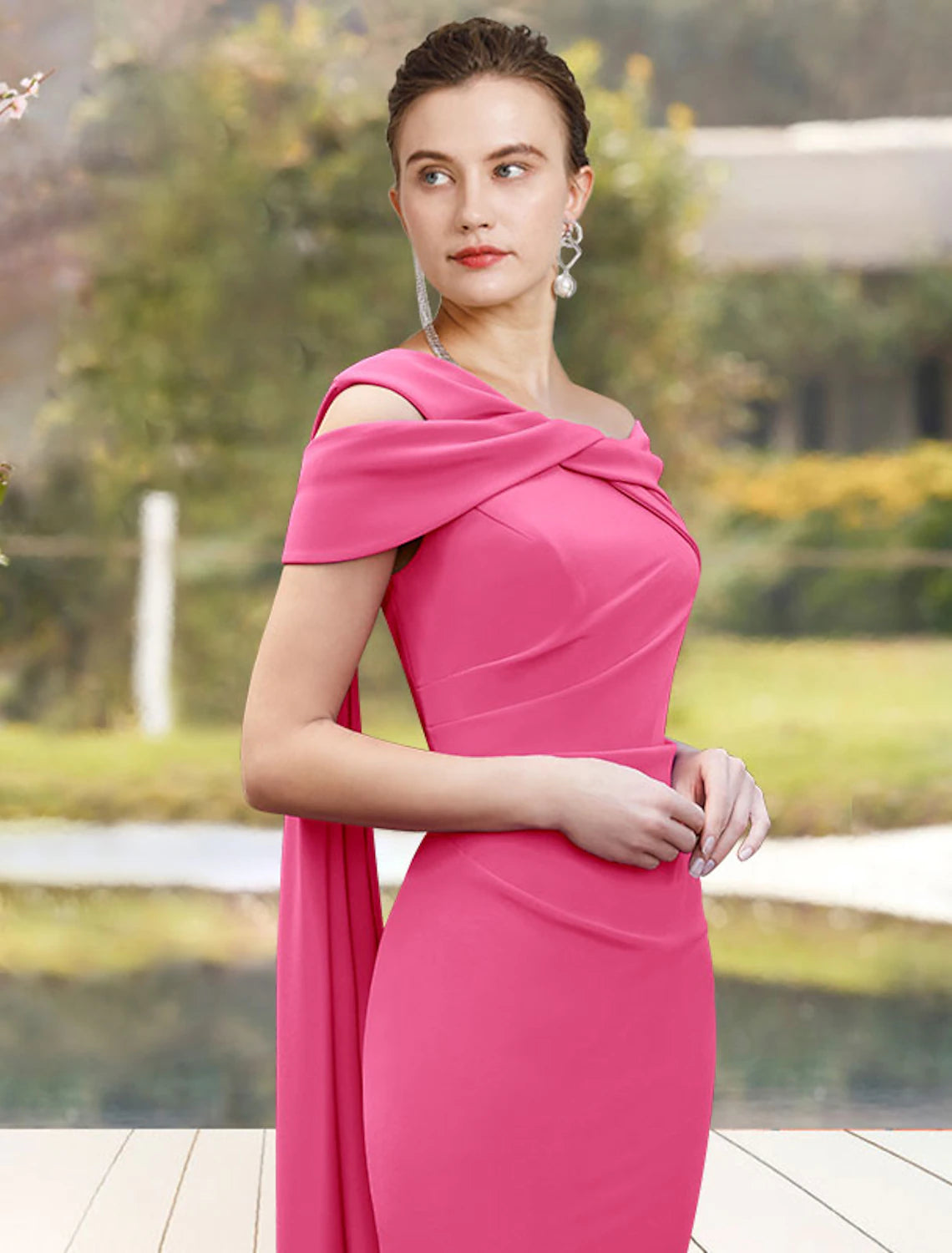 Sheath / Column Mother of the Bride Dress Elegant Jewel Neck Knee Length Stretch Chiffon 3/4 Length Sleeve with Side-Draped