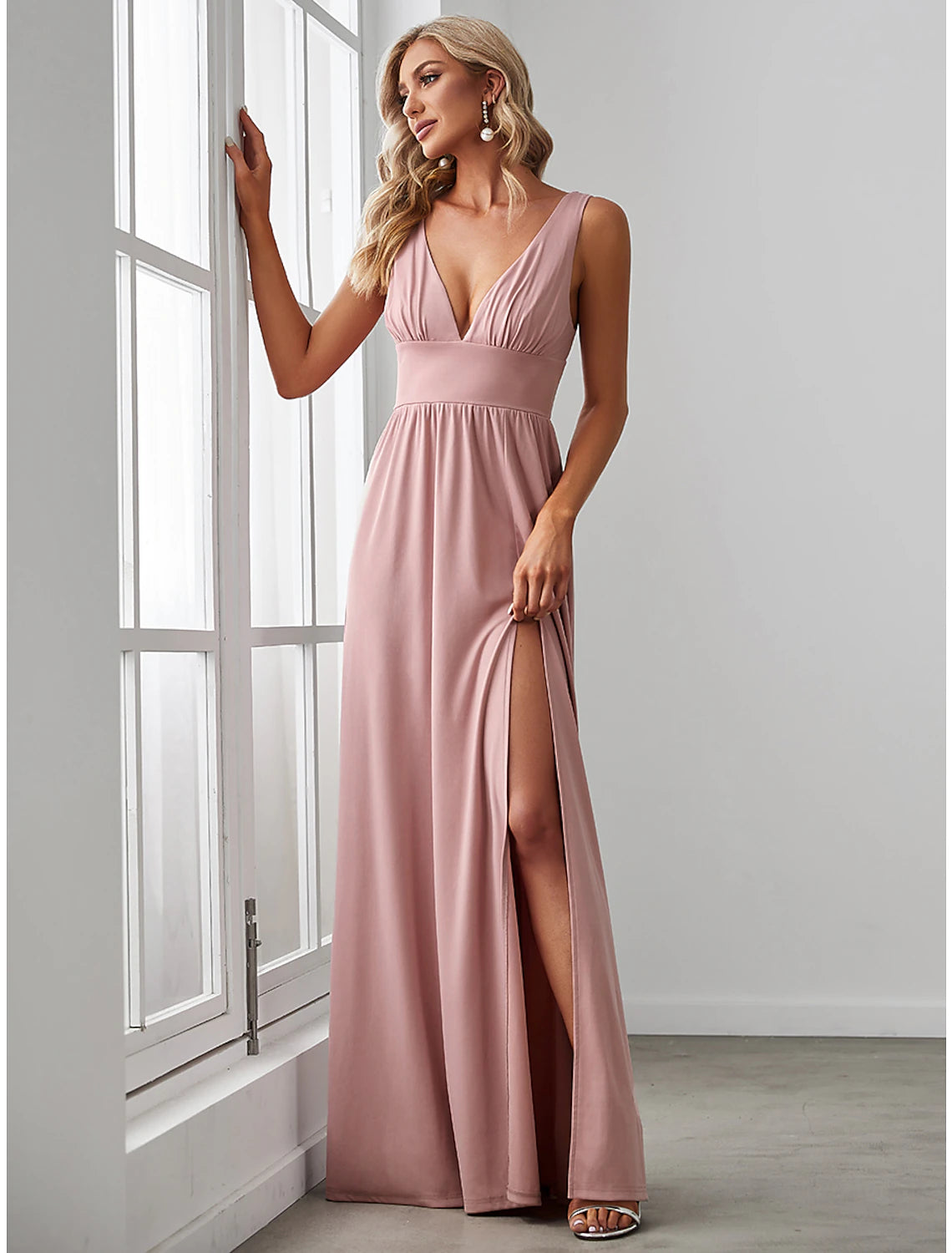 A-Line Prom Dresses High Split Dress Wedding Guest Floor Length Sleeveless V Neck Chiffon V Back with Slit