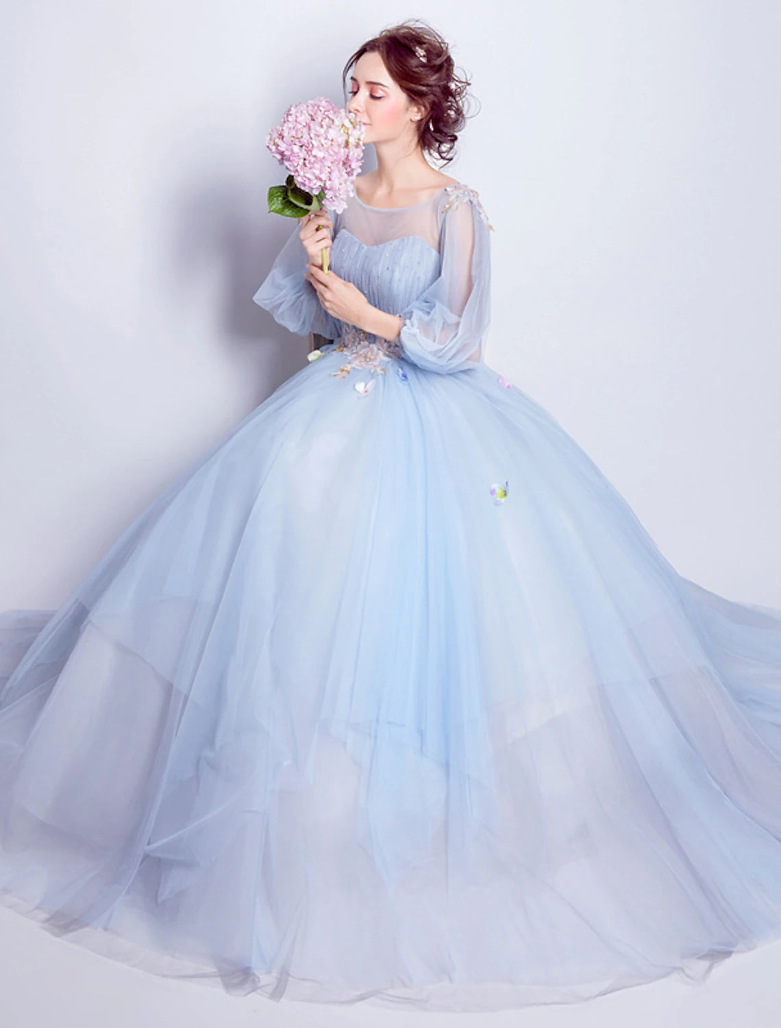 Ball Gown Elegant Floral Puffy Quinceanera Engagement Dress Illusion Neck 3/4 Length Sleeve Floor Length Tulle with Pleats Appliques