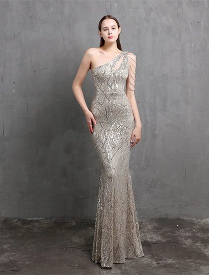 Mermaid / Trumpet Evening Gown Sparkle & Shine Dress Formal Floor Length Short Sleeve One Shoulder Sequined with Sequin