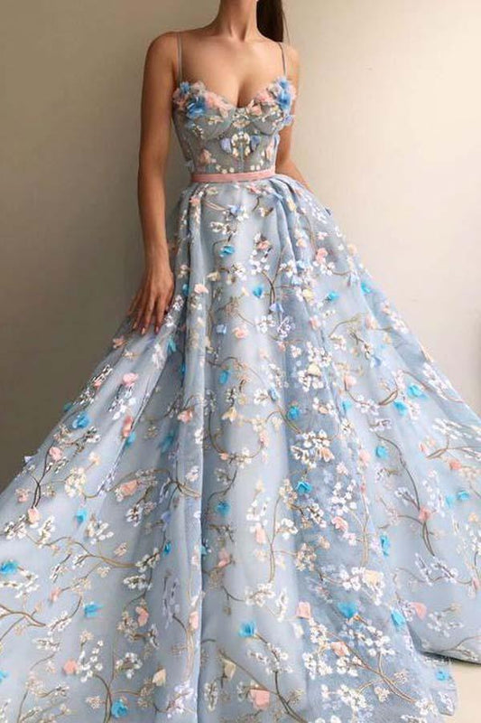 A-line Spaghetti Strap Flower Applique Prom Dresses Evening Dresses