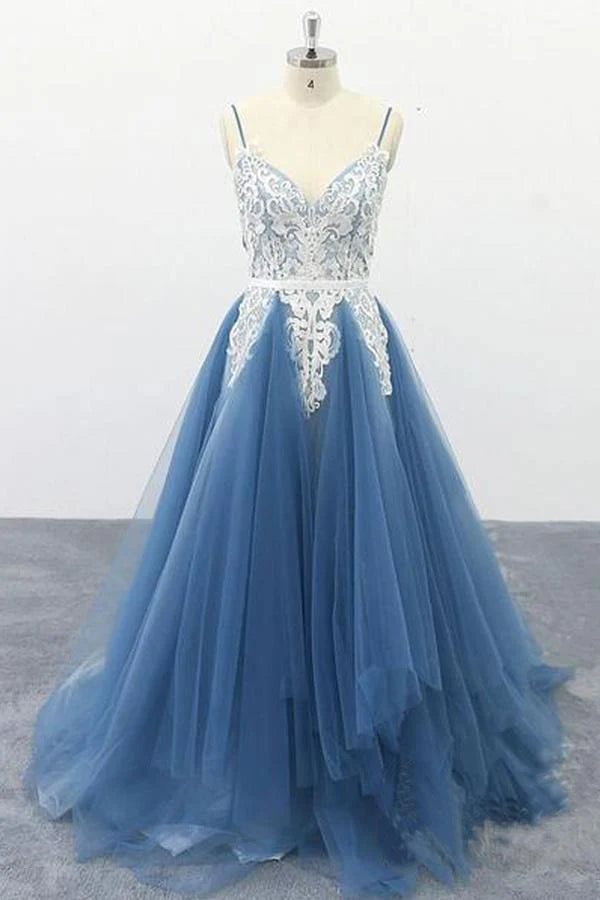 A Line Spaghetti Straps Appliqued Tulle Prom Dresses