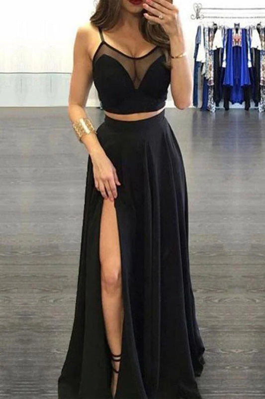 Two Piece Spaghetti Straps Chiffon Prom Dress With Side Slit