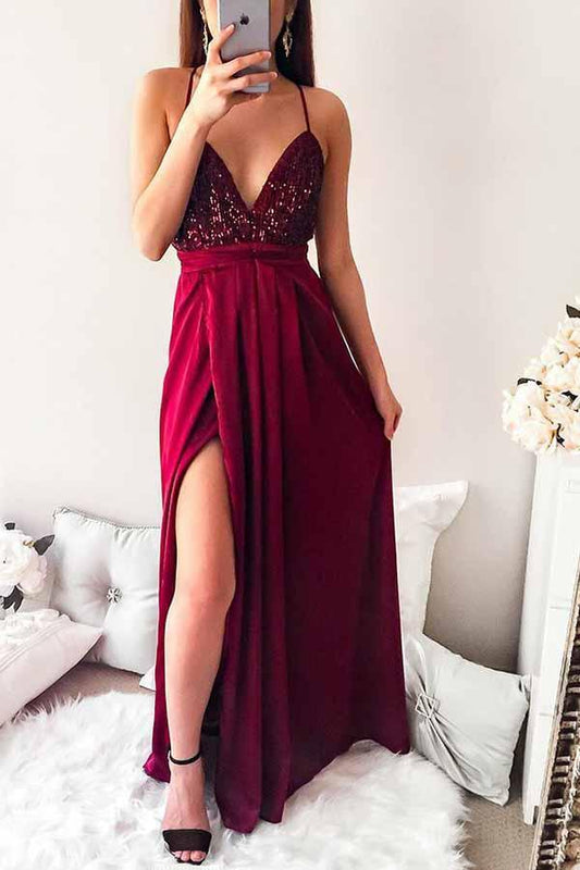 A-line Spaghetti Straps Pleated Sequins Long Prom Party Dress