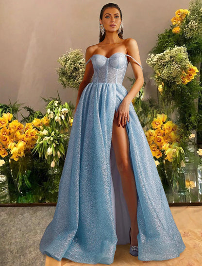 A-Line Prom Dresses Sparkle & Shine Dress Prom Floor Length Sleeveless Sweetheart Tulle with Glitter Pleats Slit