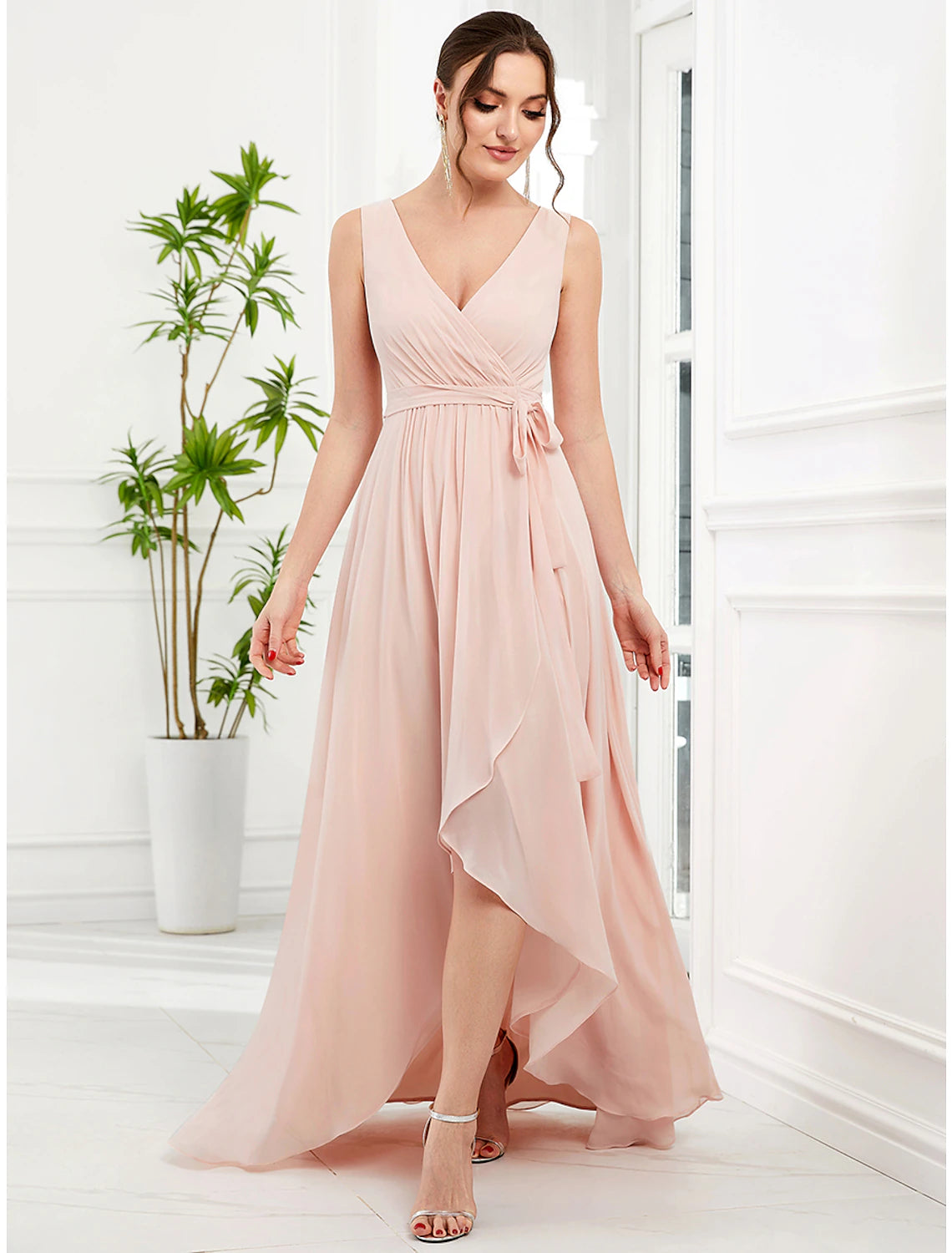 A-Line Wedding Guest Dresses Elegant Dress Party Wear Wedding Party Asymmetrical Sleeveless Spaghetti Strap Bridesmaid Dress Chiffon with Ruffles