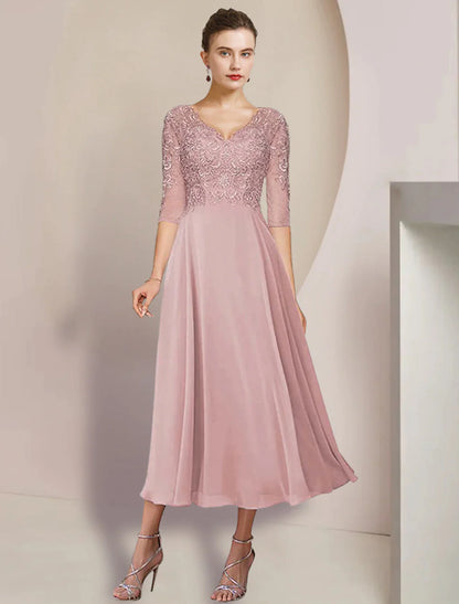 Two Piece A-Line Mother of the Bride Dress Formal Wedding Guest Elegant V Neck Tea Length Chiffon Lace 3/4 Length Sleeve Wrap Included with Appliques