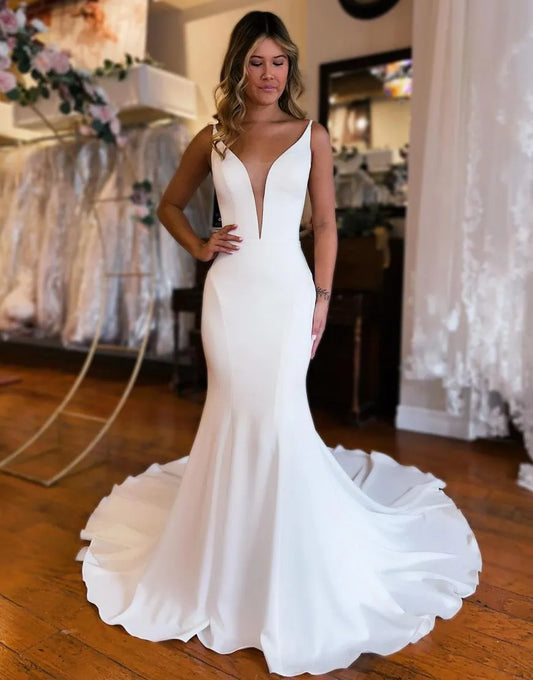 Mermaid Train Open Back Satin Wedding Dress