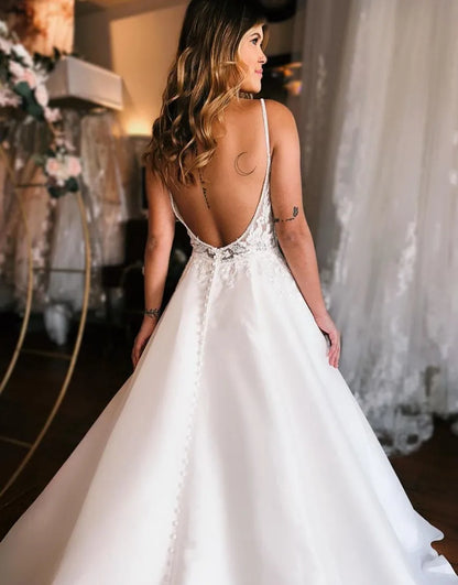 A-Line Spaghetti Straps Open Back Wedding Dress