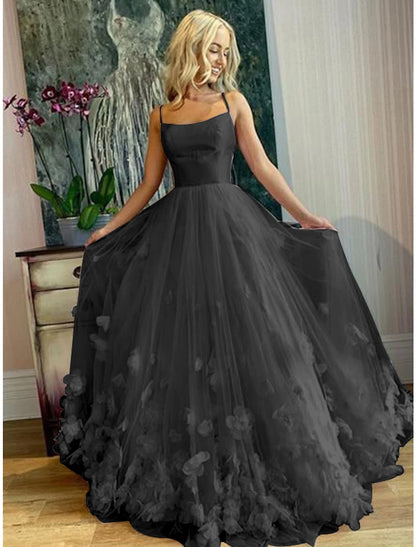 A-Line Prom Dresses Floral Dress Performance Sweet 16 Floor Length Sleeveless Spaghetti Strap Tulle with Pleats Appliques