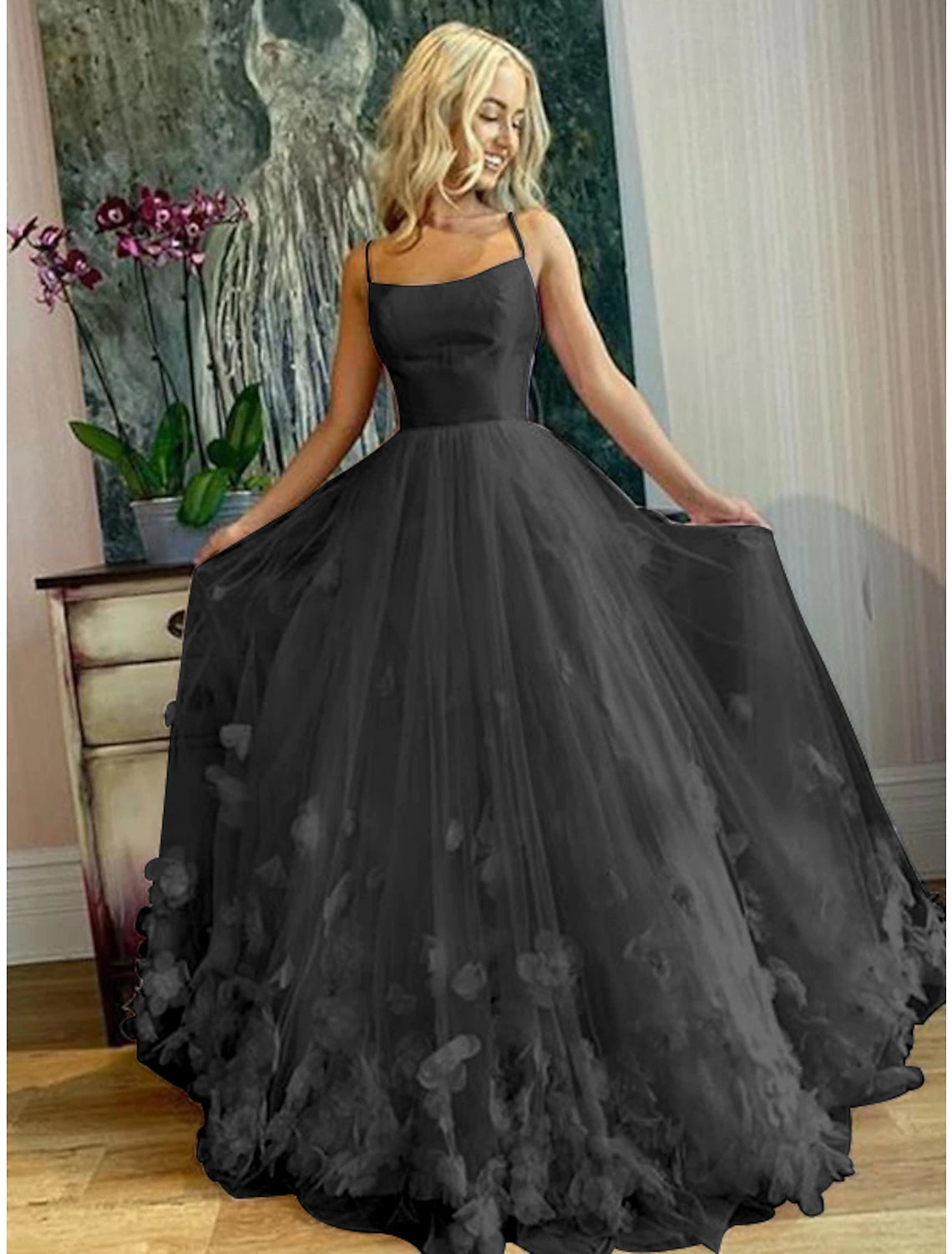 A-Line Prom Party Dress Floral Dress Performance Sweet 16 Floor Length Sleeveless Spaghetti Strap Tulle with Pleats Appliques