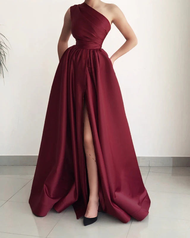 A-line One Shoulder Split Satin Prom Dresses With Pockets