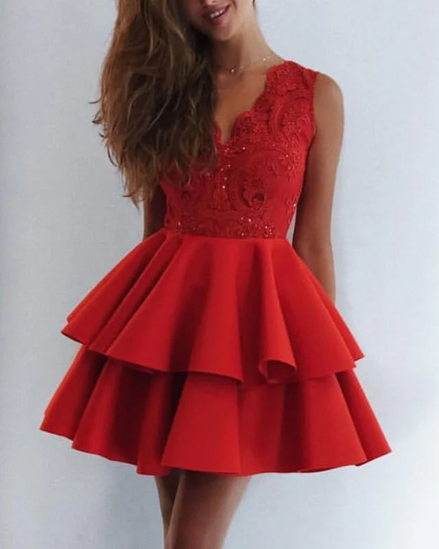 A-line Short Lace V Neck Ruffles Satin Cocktail Dress Homecoming Dresses