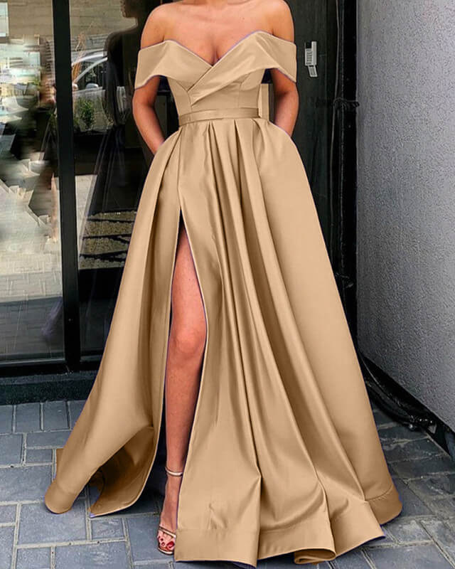 A-line Long Satin Off Shoulder High Slit Dress Prom Dresses