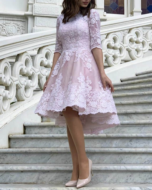 A-line short sleeves with lace appliques Homecoming Dresses