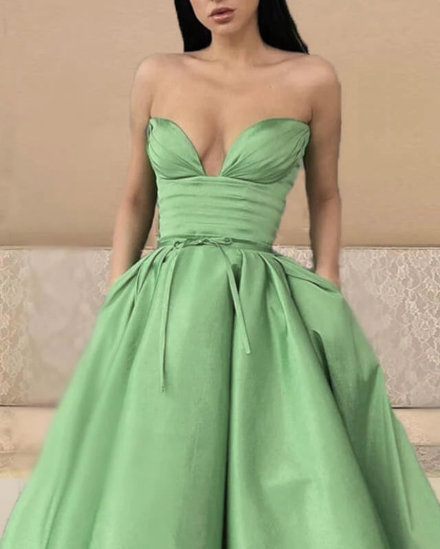 A-line Satin Strapless Midi Ball Gown Prom Dresses