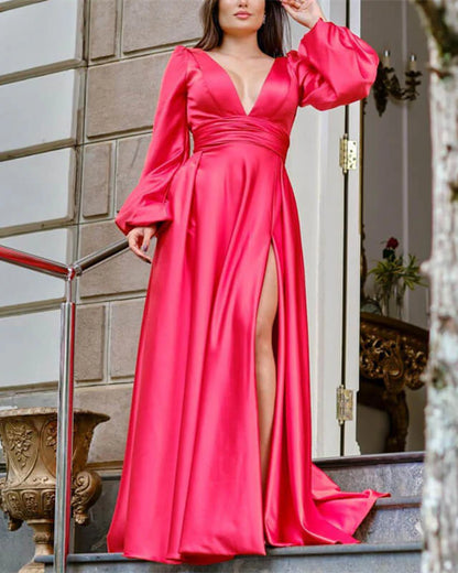 A-line Long Sleeve Plunge Neck Satin Split Prom Dresses