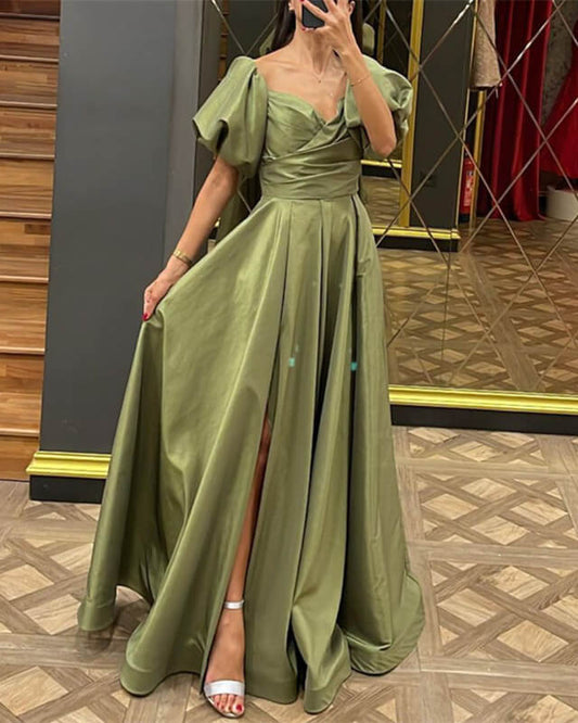 A-line Puffy Sleeves Long Satin Slit Prom Dresses