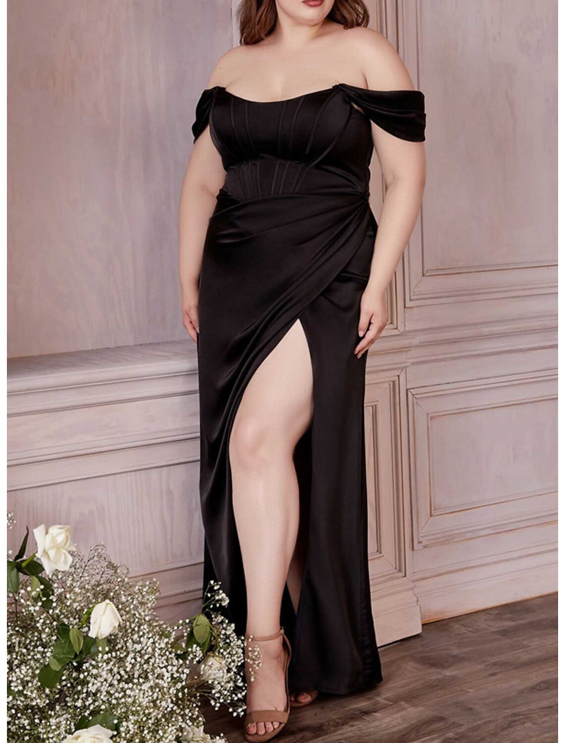 Mermaid / Trumpet Plus Size Curve Formal Dresses Corsets Dress Formal Wedding Guest Floor Length Sleeveless Off Shoulder Charmeuse with Ruched Slit