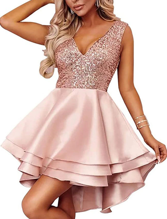 A-Line WE Party Dress Homecoming Cocktail Party Asymmetrical Sleeveless V Neck Pink Dress Satin with Sequin Tiered