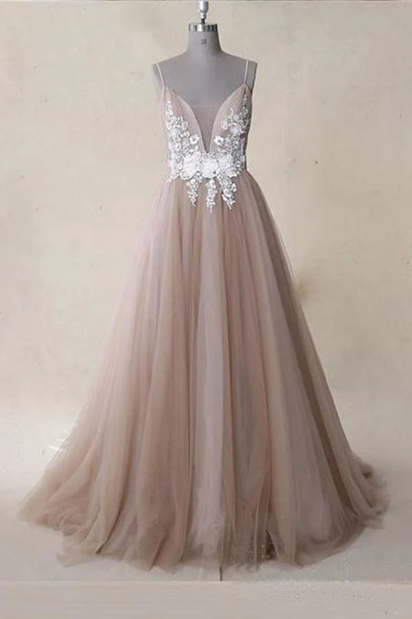 A Line V Neck Straps Appliques Tulle Long Prom Dress