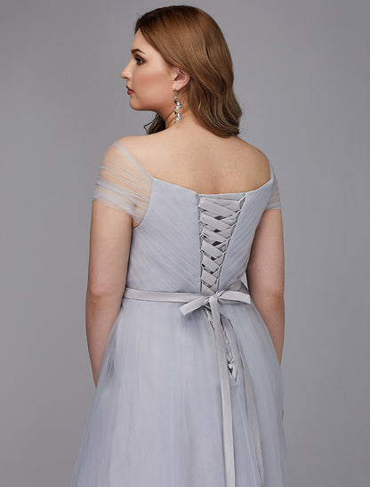 A-Line Elegant Dress Wedding Guest Tea Length Short Sleeve Off Shoulder Tulle with Sash / Ribbon