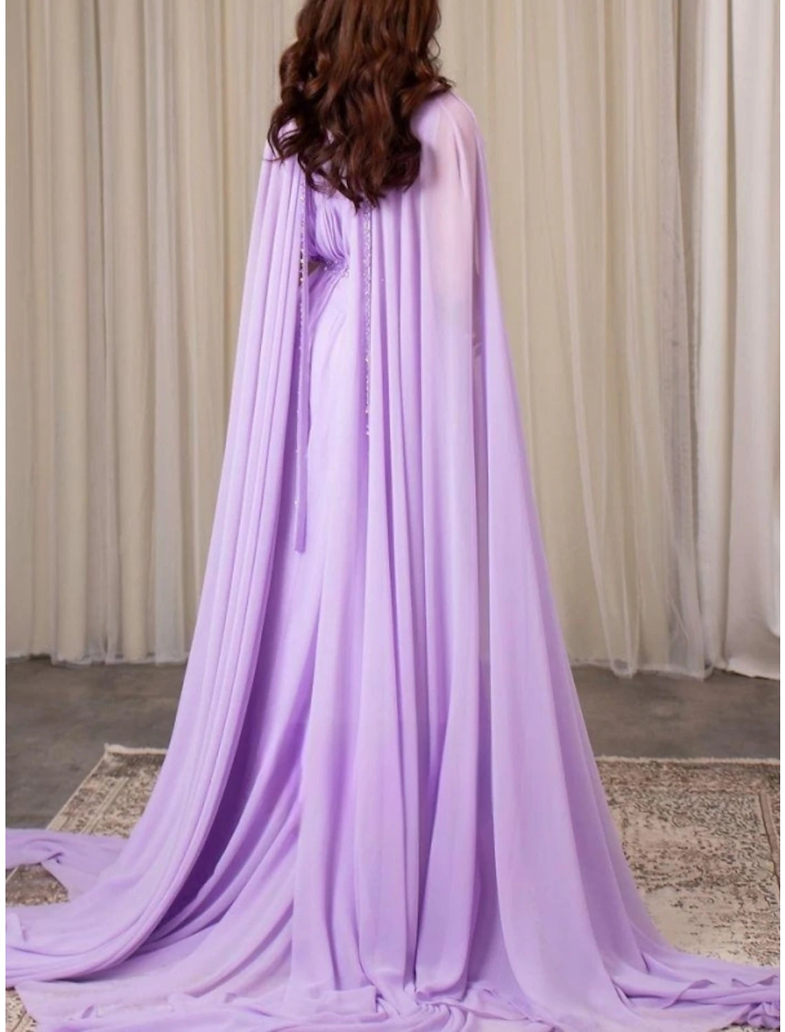 A-Line Evening Gown Elegant Dress Formal Fall Court Train Long Sleeve V Neck Chiffon with Pleats Sequin