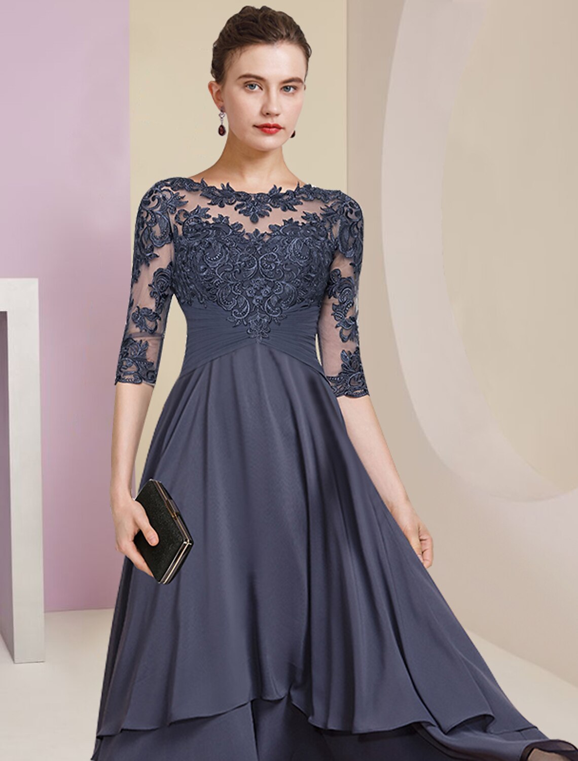 Sheath / Column Mother of the Bride Dress Wedding Guest Party Elegant High Low Jewel Neck Asymmetrical Chiffon Lace Half Sleeve with Pleats Solid Color