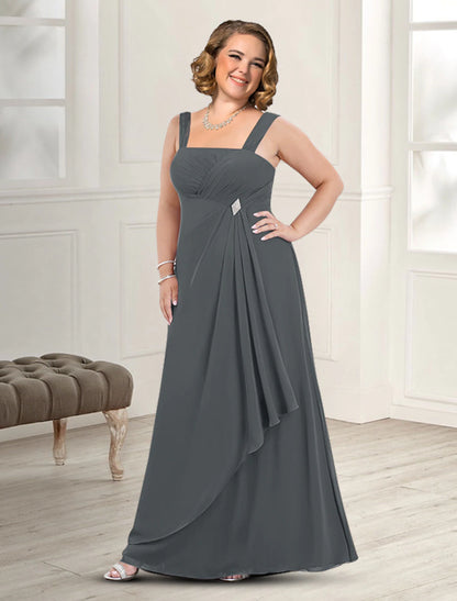 Two Piece A-Line Mother of the Bride Dress Plus Size Elegant Square Neck Floor Length Chiffon Sleeveless Jacket Dresses with Pleats