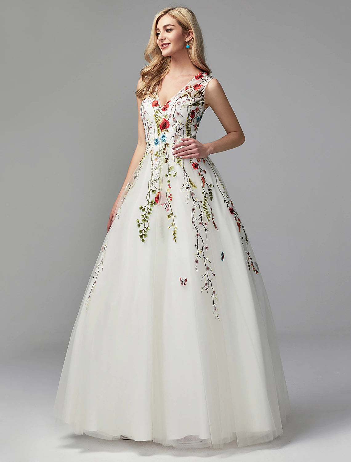 A-Line Special Occasion Dresses Floral Dress Homecoming Quinceanera Floor Length Sleeveless V Neck Lace with Embroidery Appliques