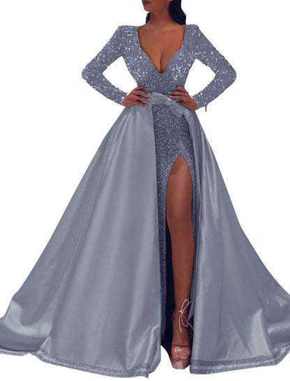 A-Line Evening Gown Sparkle & Shine Dress Formal Wedding Guest Floor Length Long Sleeve V Neck Sequined with Overskirt