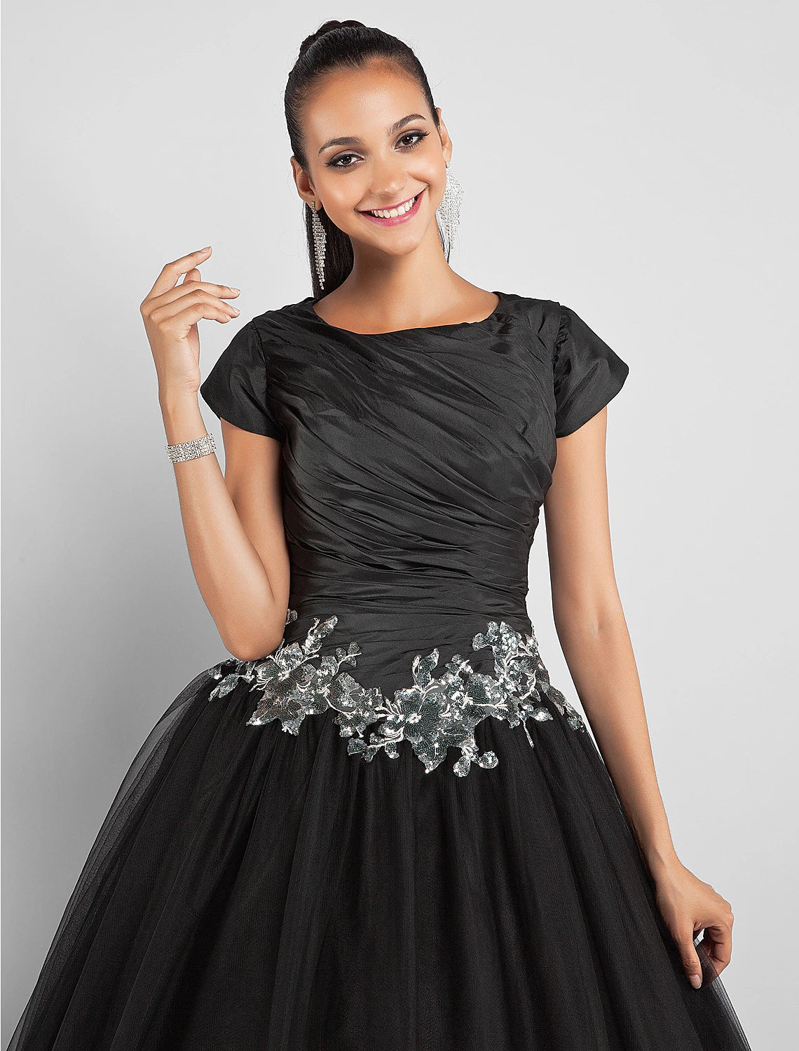 Ball Gown Little Black Dress Dress Prom Formal Evening Ankle Length Short Sleeve Jewel Neck Taffeta with Appliques Side Draping