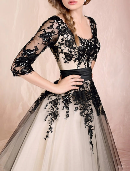 A-Line Cocktail Dresses Elegant Dress Engagement Prom Ankle Length Half Sleeve Scoop Neck Lace with Appliques