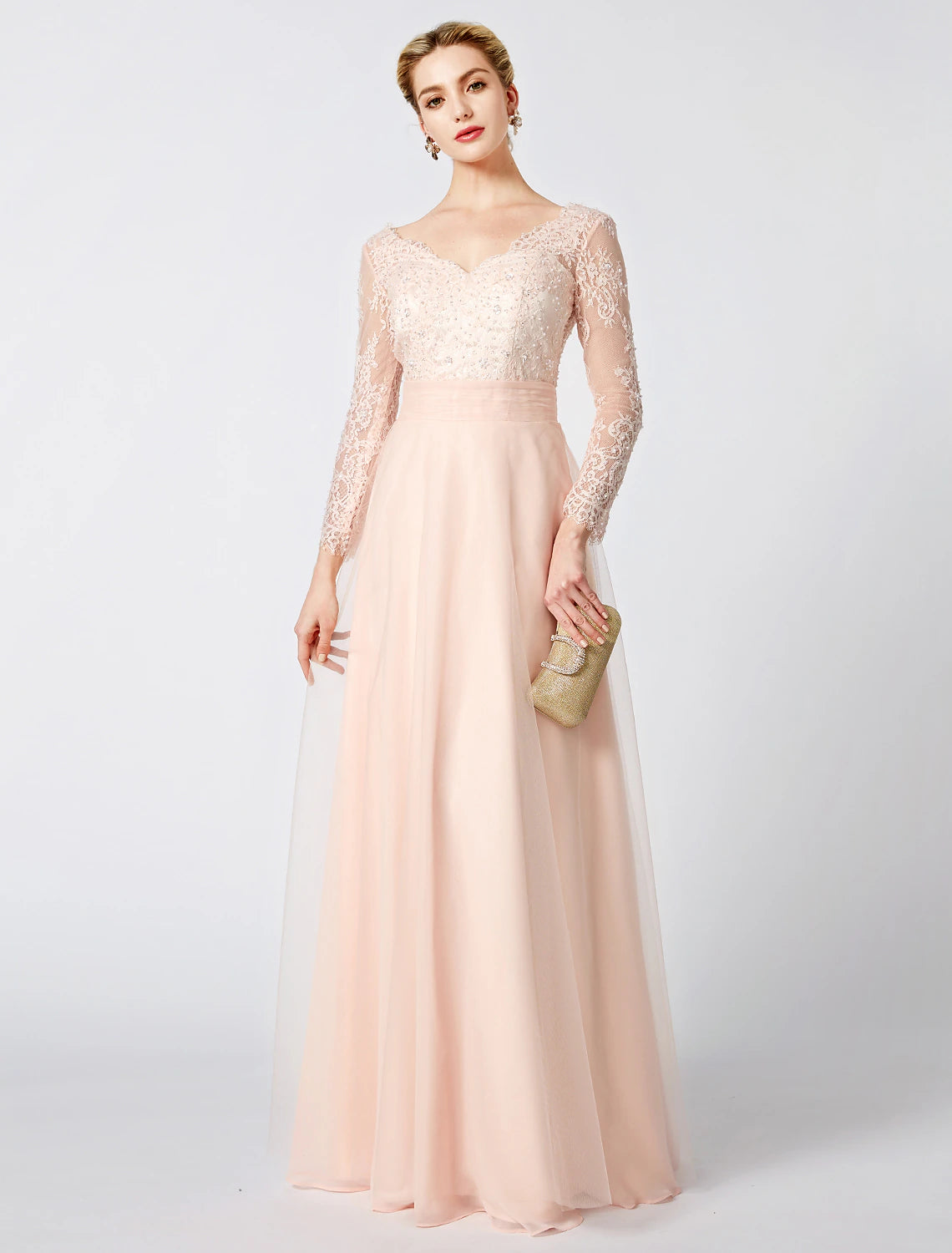 Ball Gown Pastel Colors Dress Holiday Cocktail Party Floor Length Long Sleeve V Neck Tulle Low Back with Beading Appliques