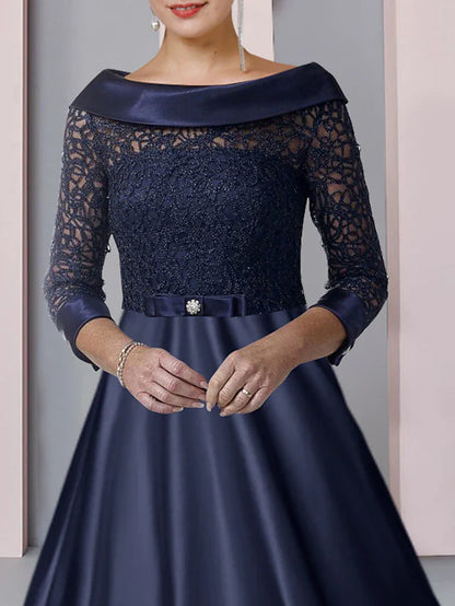 A-Line Mother of the Bride Dress Formal Wedding Guest Party Elegant Scoop Neck Tea Length Satin Lace 3/4 Length Sleeve with Bow(s) Pleats Appliques