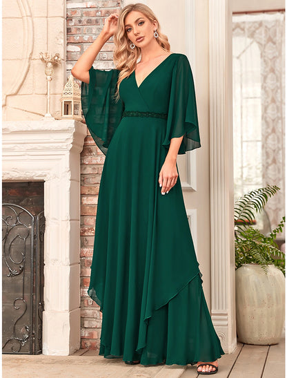 A-Line Mother of the Bride Dress Elegant V Neck Floor Length Chiffon Half Sleeve with Sash / Ribbon